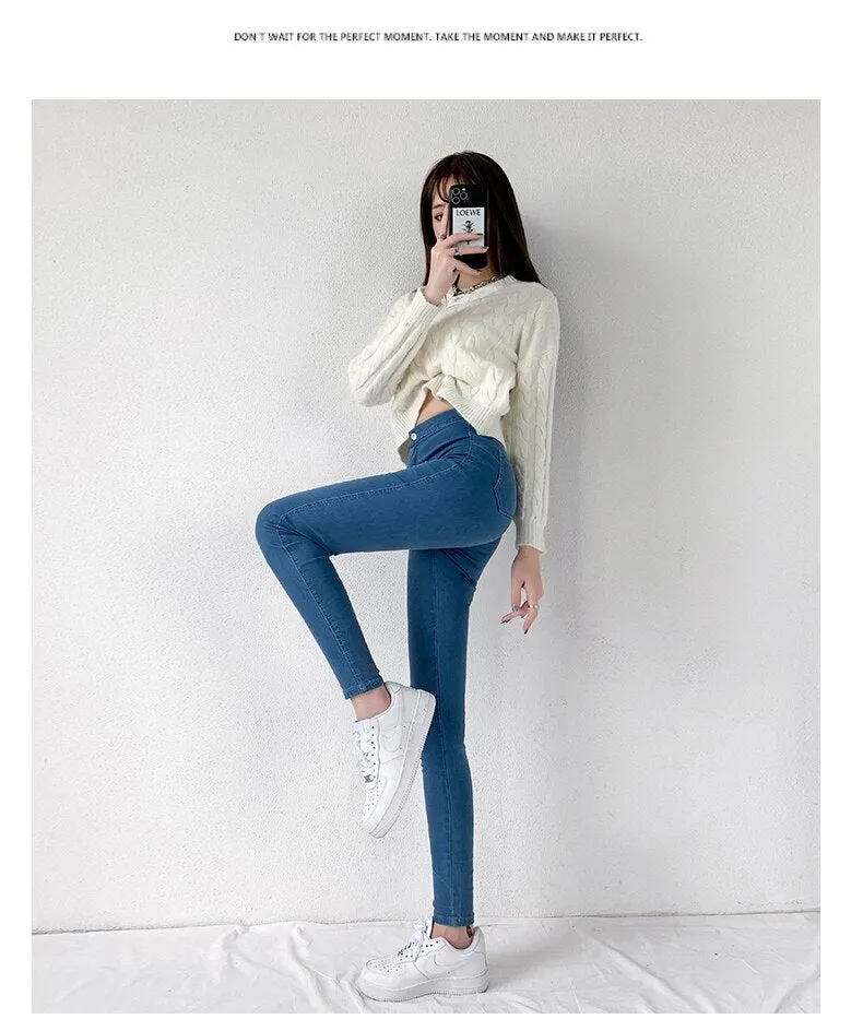 Wjczt Classic Blue  Jeans Women High Waisted Super Elastic Y2k Aesthetic Fashion Capris 2021 Urban Femme Denim Pants Streetwear Trendy