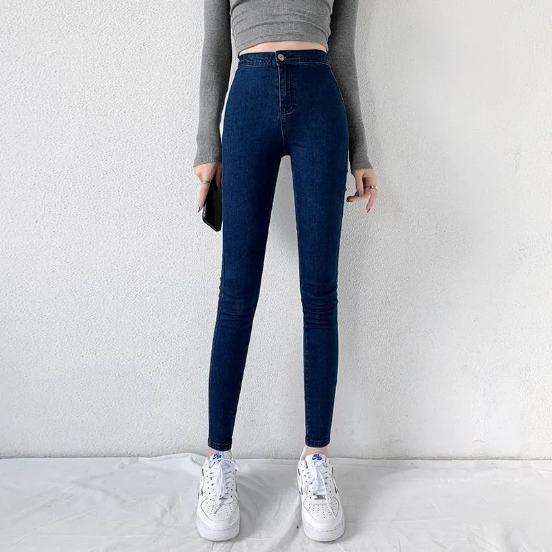 Wjczt Classic Blue  Jeans Women High Waisted Super Elastic Y2k Aesthetic Fashion Capris 2021 Urban Femme Denim Pants Streetwear Trendy
