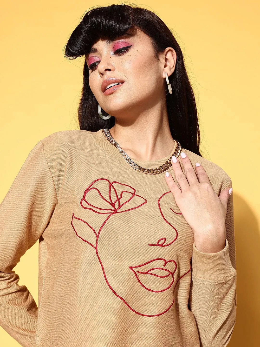 Women Beige Embroidered Terry Crop Sweatshirt With Pants