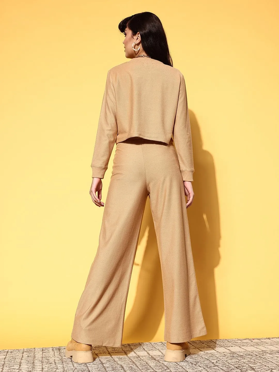 Women Beige Embroidered Terry Crop Sweatshirt With Pants