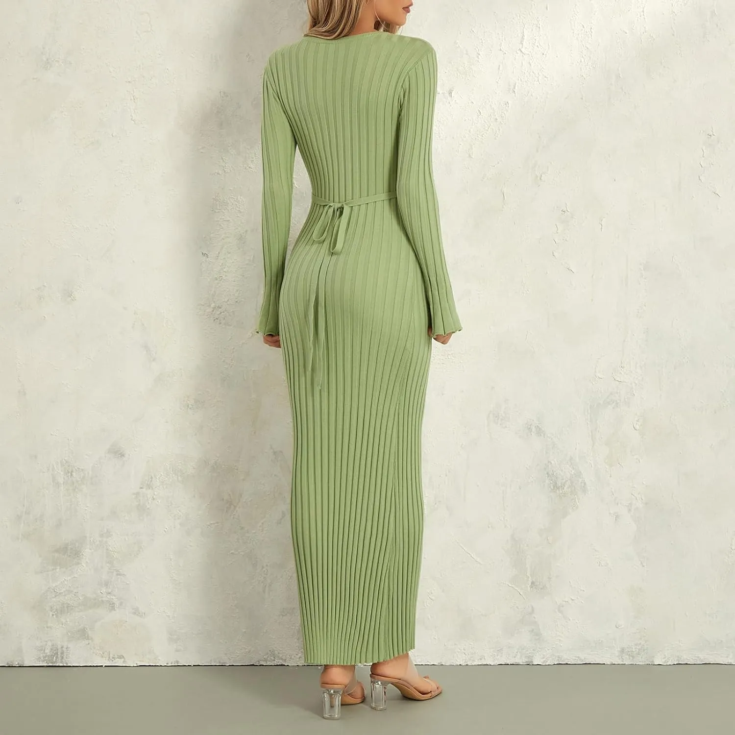 Women Bell Long Sleeve Knit Maxi Dress Crewneck Ribbed Bodycon Long Dress Slim Fit Y2K Sweater Dress Streetwear