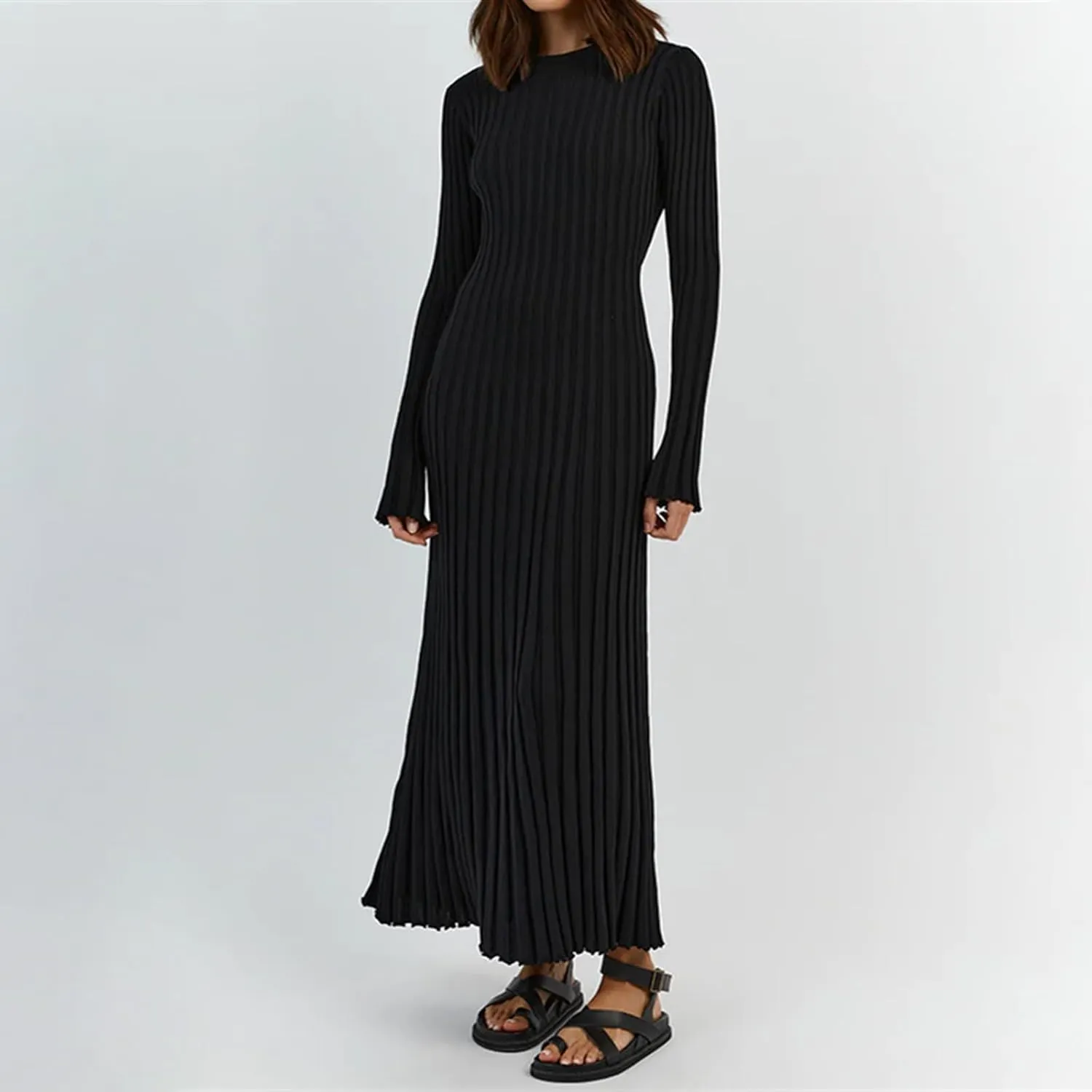 Women Bell Long Sleeve Knit Maxi Dress Crewneck Ribbed Bodycon Long Dress Slim Fit Y2K Sweater Dress Streetwear