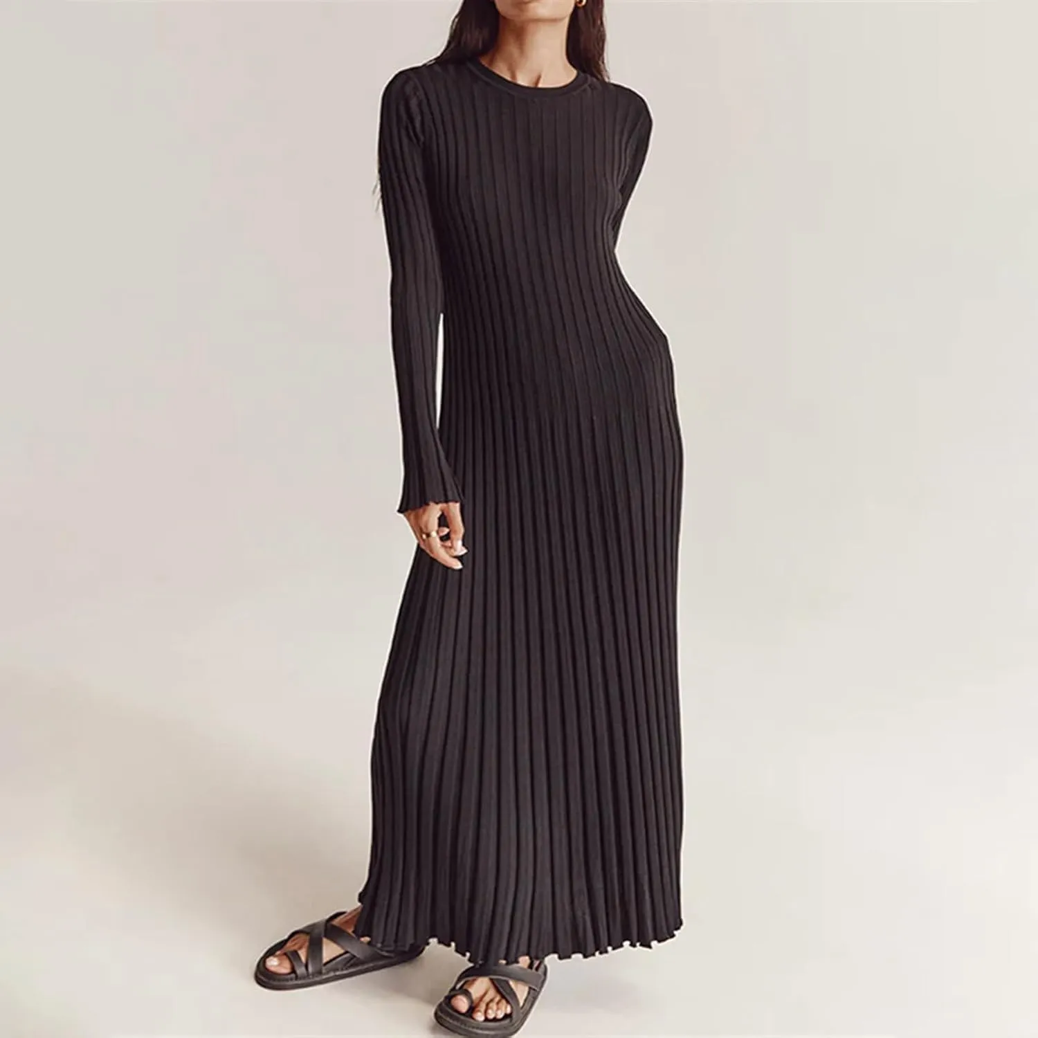 Women Bell Long Sleeve Knit Maxi Dress Crewneck Ribbed Bodycon Long Dress Slim Fit Y2K Sweater Dress Streetwear