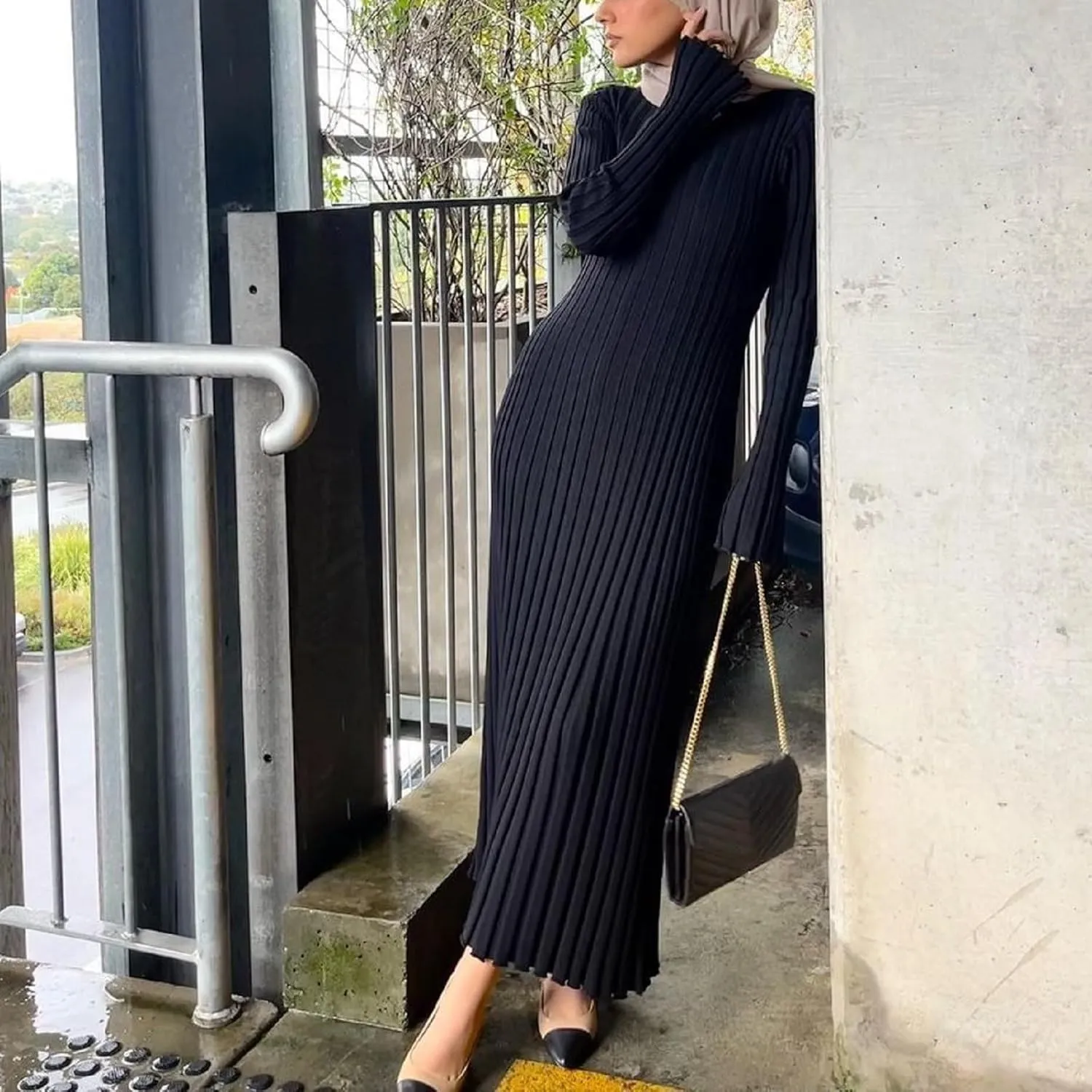 Women Bell Long Sleeve Knit Maxi Dress Crewneck Ribbed Bodycon Long Dress Slim Fit Y2K Sweater Dress Streetwear