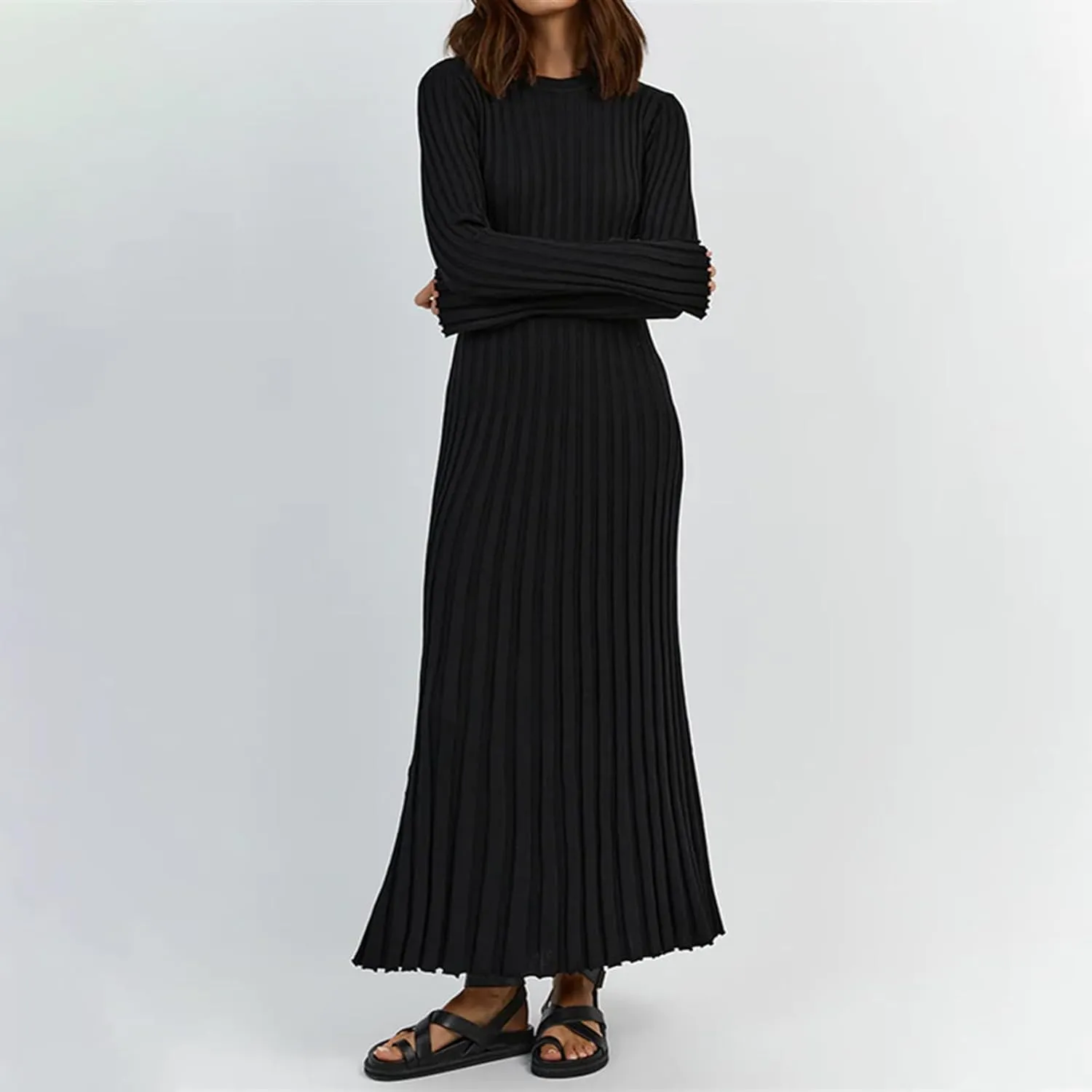 Women Bell Long Sleeve Knit Maxi Dress Crewneck Ribbed Bodycon Long Dress Slim Fit Y2K Sweater Dress Streetwear