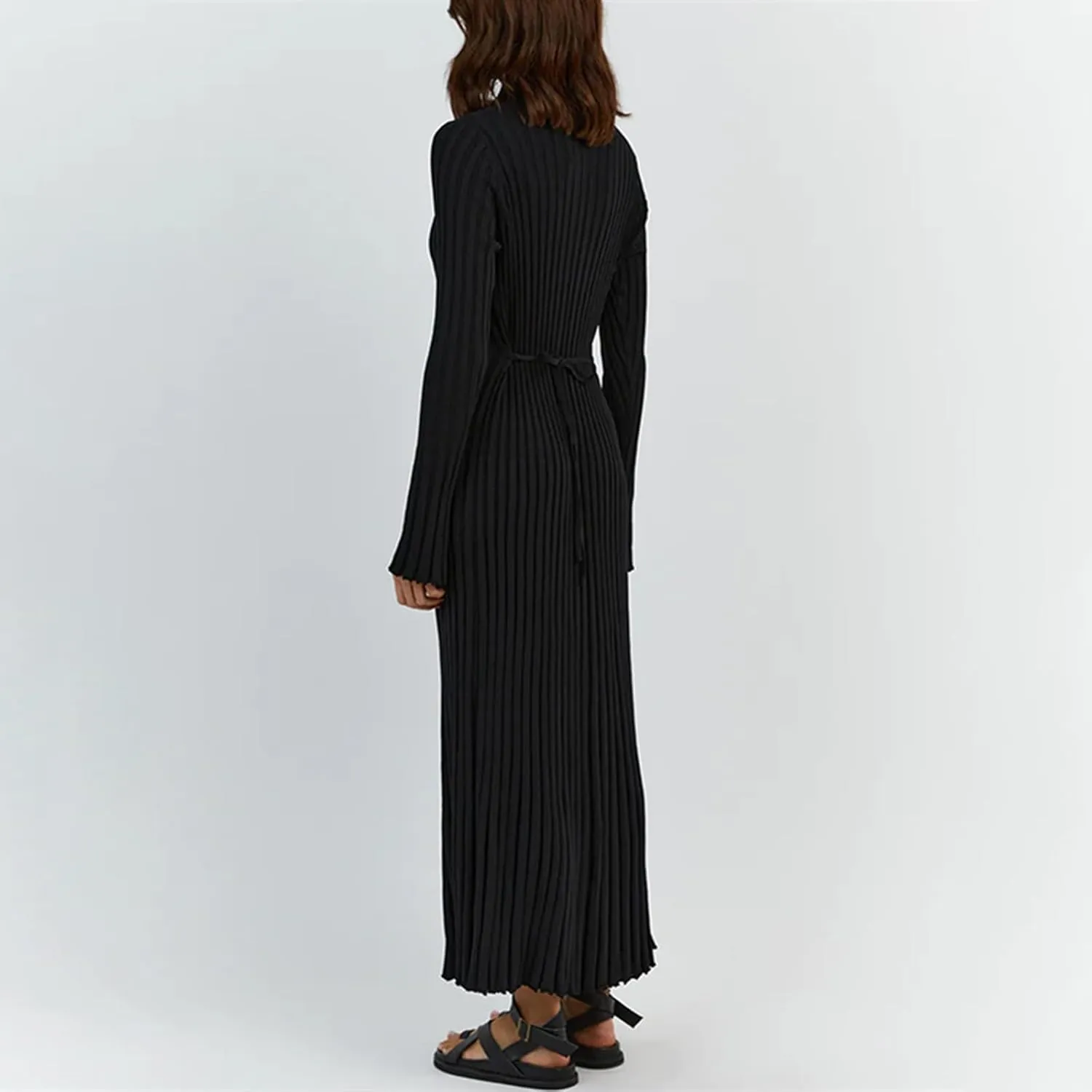 Women Bell Long Sleeve Knit Maxi Dress Crewneck Ribbed Bodycon Long Dress Slim Fit Y2K Sweater Dress Streetwear