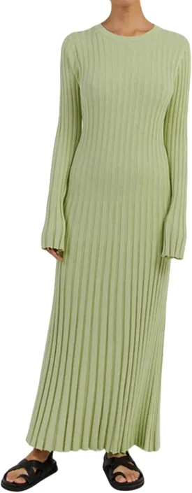 Women Bell Long Sleeve Knit Maxi Dress Crewneck Ribbed Bodycon Long Dress Slim Fit Y2K Sweater Dress Streetwear