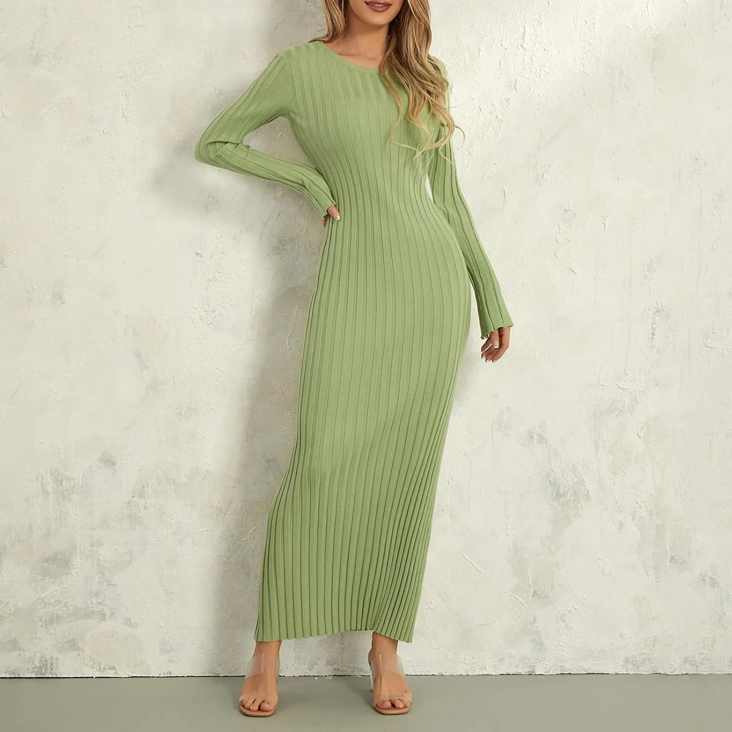 Women Bell Long Sleeve Knit Maxi Dress Crewneck Ribbed Bodycon Long Dress Slim Fit Y2K Sweater Dress Streetwear