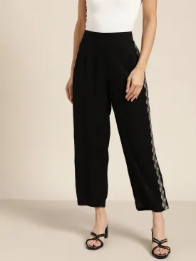 Women Black Side Embroidered Liva Pants