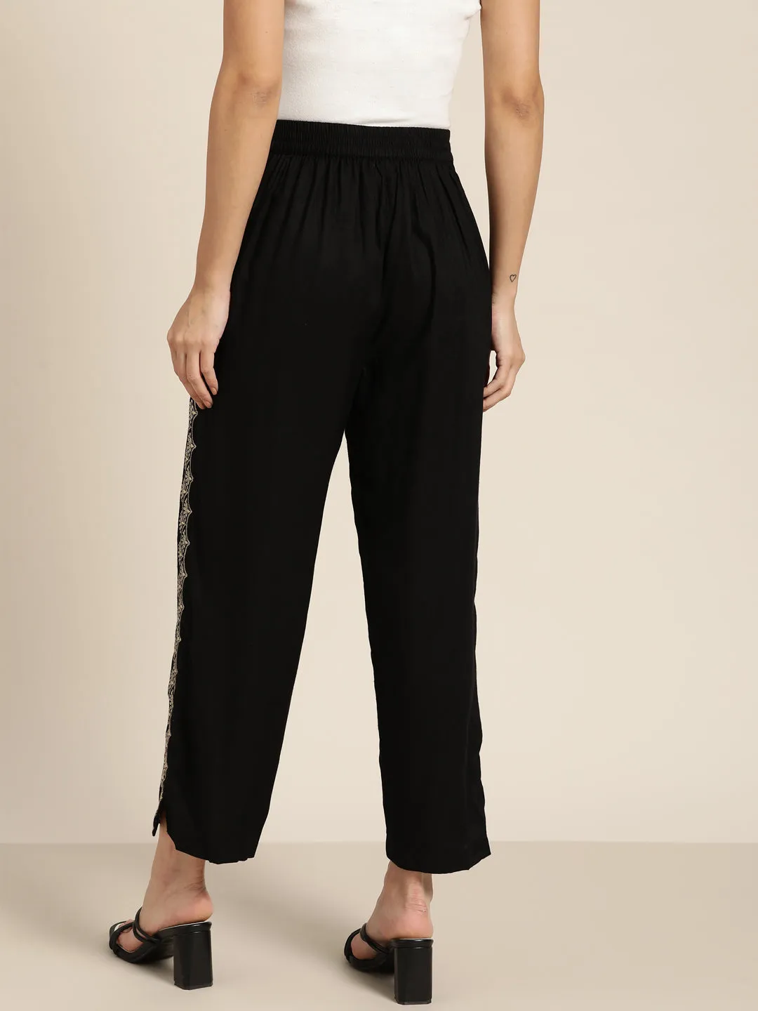 Women Black Side Embroidered Liva Pants