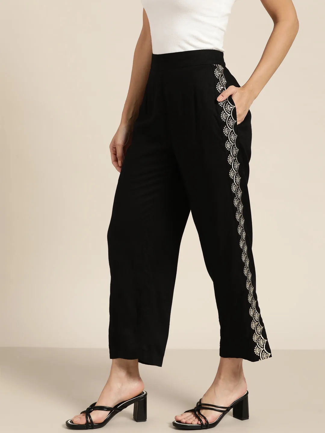 Women Black Side Embroidered Liva Pants
