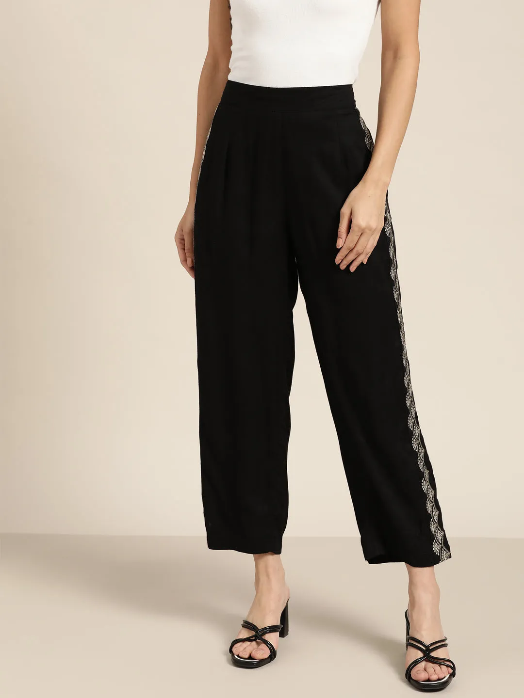 Women Black Side Embroidered Liva Pants