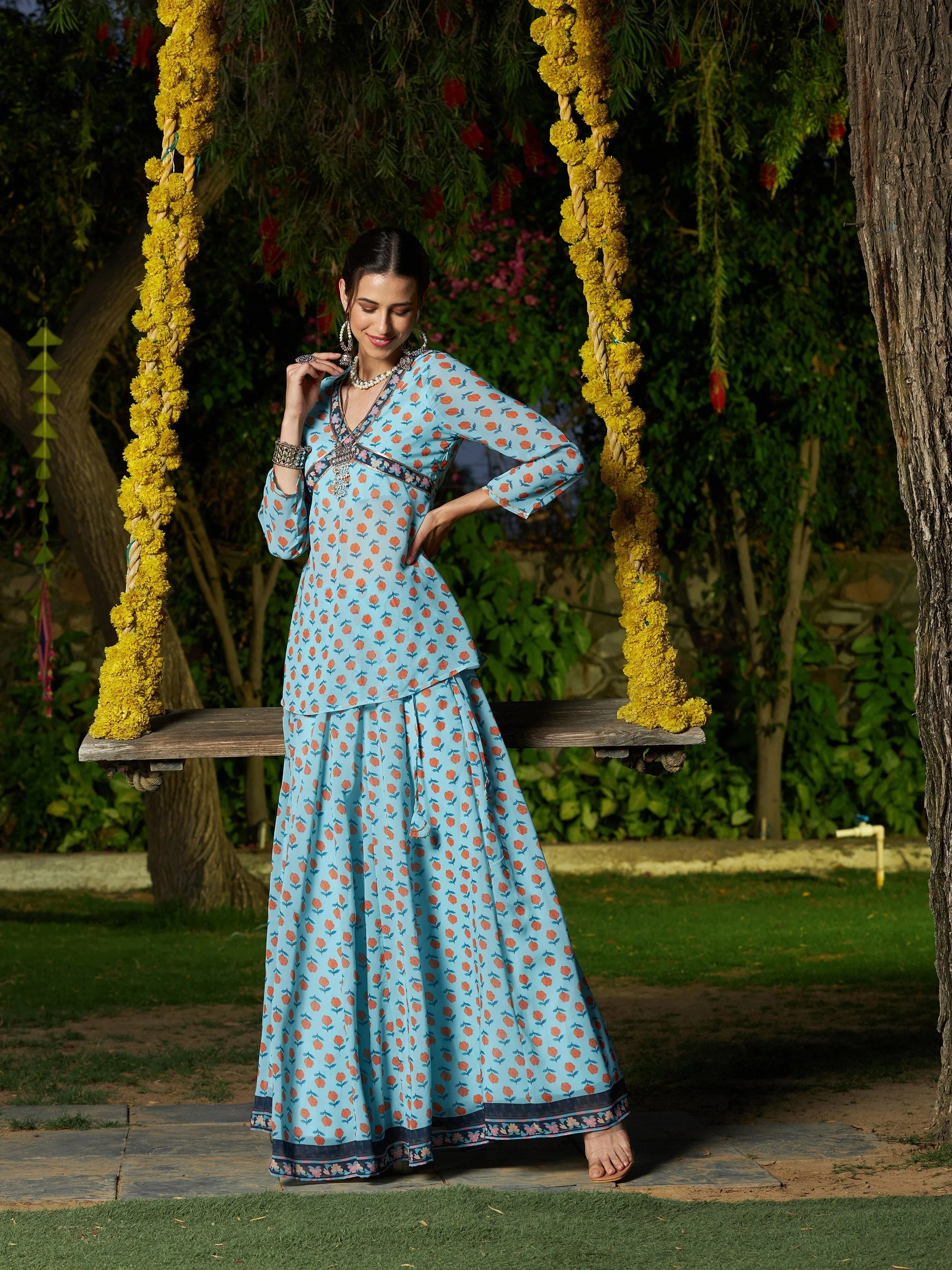 Women Blue Floral Peplum Top With Anarkali Skirt
