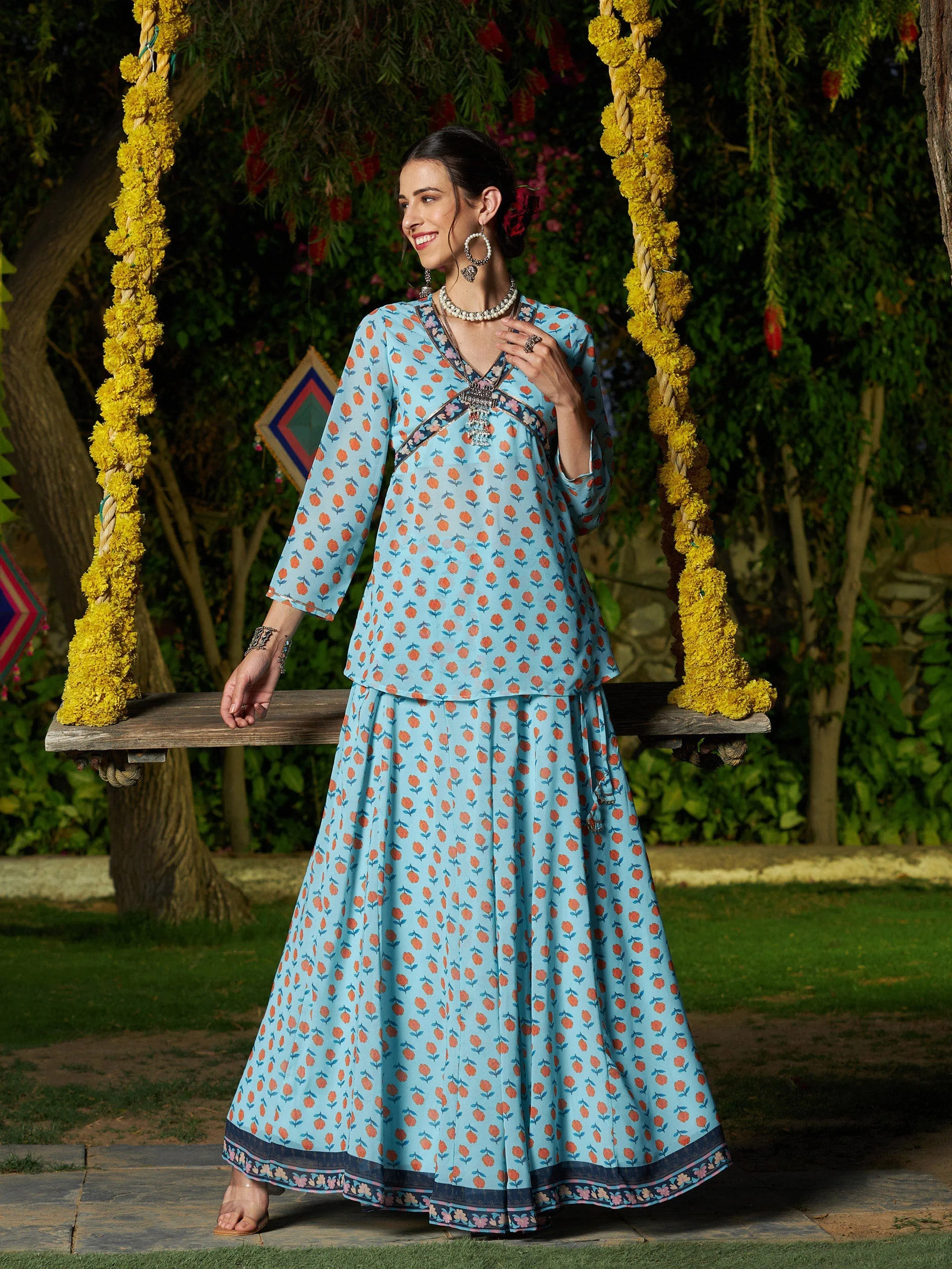 Women Blue Floral Peplum Top With Anarkali Skirt