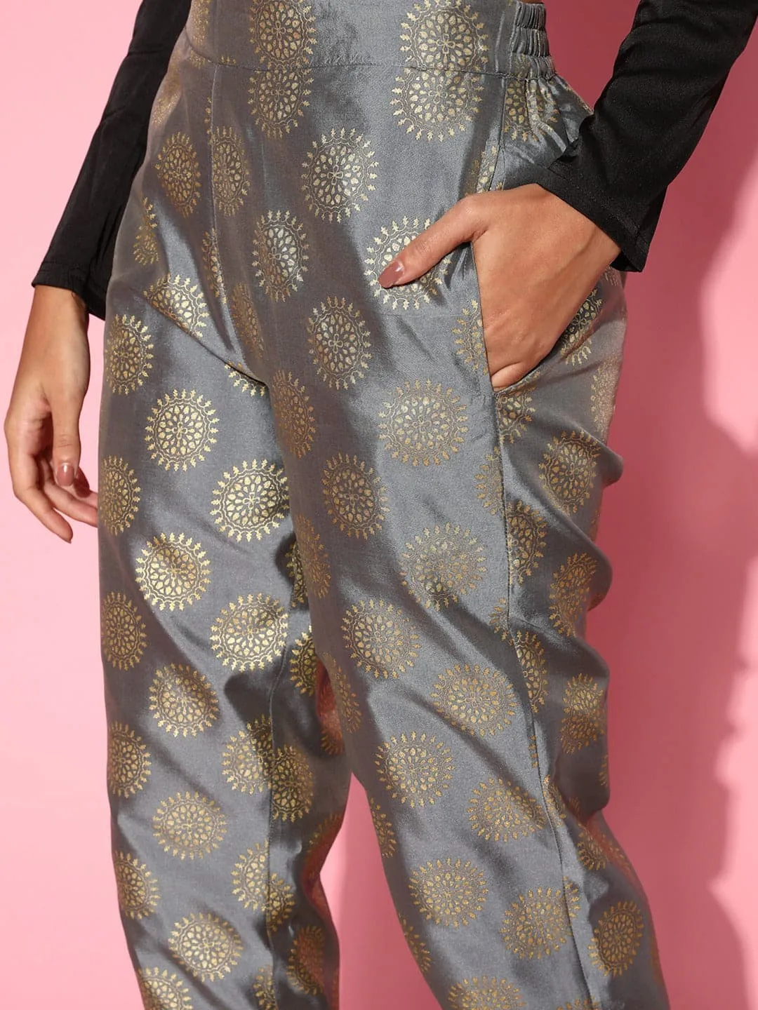 Women Grey Brocade Jacquard Pencil Pants