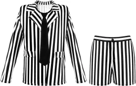 Women Long Sleeves Black and White Stripe Blazer Jacket Short Suit Set with Tie Horror Costume Cosplay Halloween