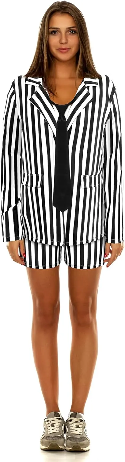 Women Long Sleeves Black and White Stripe Blazer Jacket Short Suit Set with Tie Horror Costume Cosplay Halloween