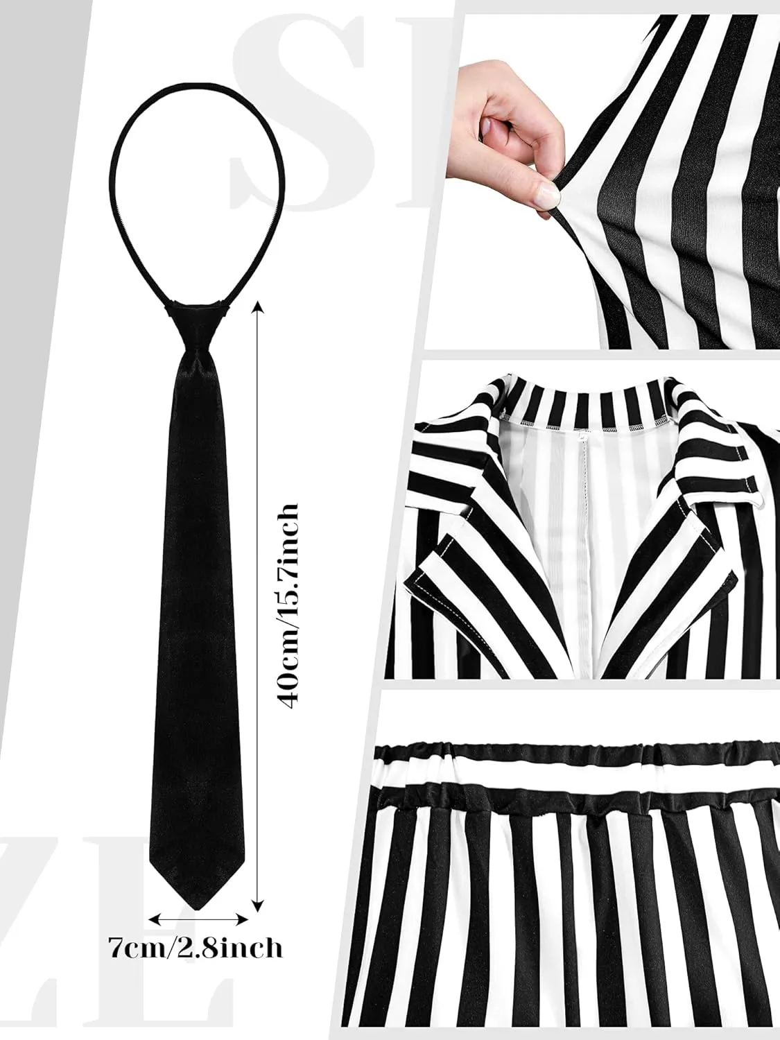 Women Long Sleeves Black and White Stripe Blazer Jacket Short Suit Set with Tie Horror Costume Cosplay Halloween