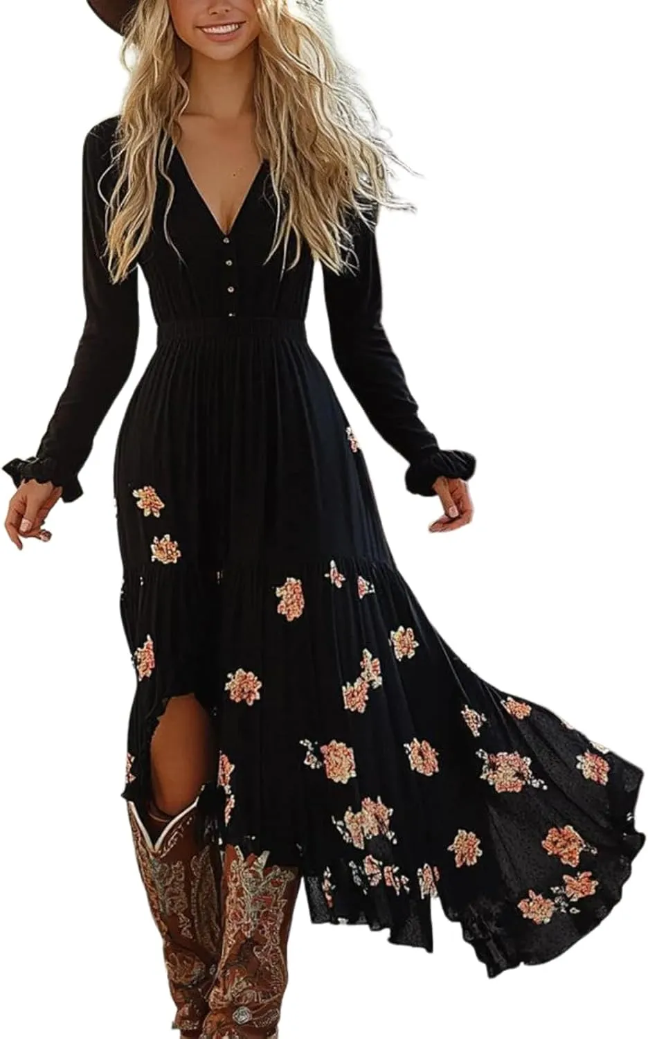 Womens Black Floral Print Sexy V Neck Long Sleeve Maxi Dress 2025 Summer Casual Fashion Holiday Side Slit A Line Dress