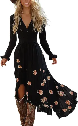 Womens Black Floral Print Sexy V Neck Long Sleeve Maxi Dress 2025 Summer Casual Fashion Holiday Side Slit A Line Dress
