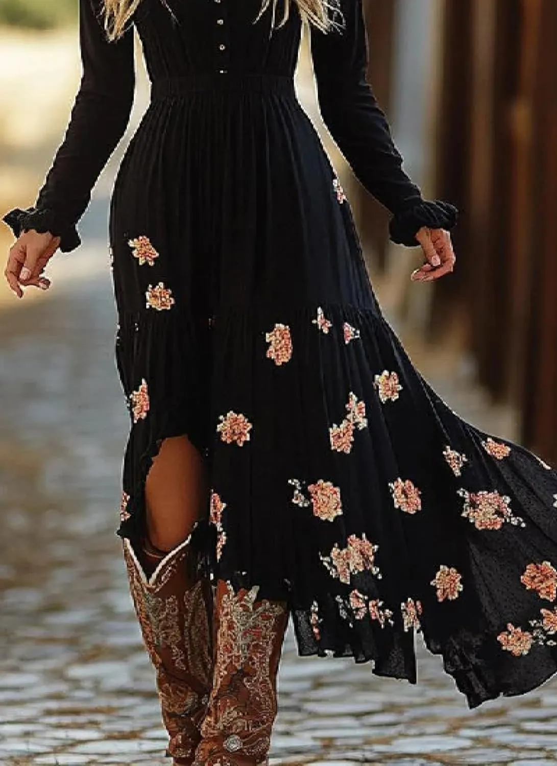 Womens Black Floral Print Sexy V Neck Long Sleeve Maxi Dress 2025 Summer Casual Fashion Holiday Side Slit A Line Dress