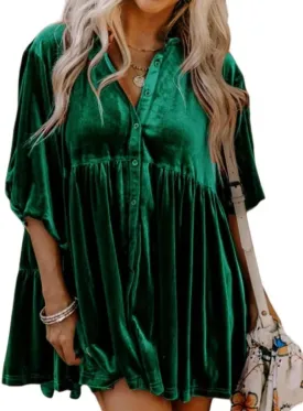 Women's Button Down Velvet Mini Dress Tunic Tops, Casual Lapel T Shirt 3/4 Sleeve Tunic Tops Dress for Women