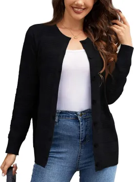 Women's Lightweight Crew Neck Button Down Long Sleeve Cardigan Knit Open Front Sweater