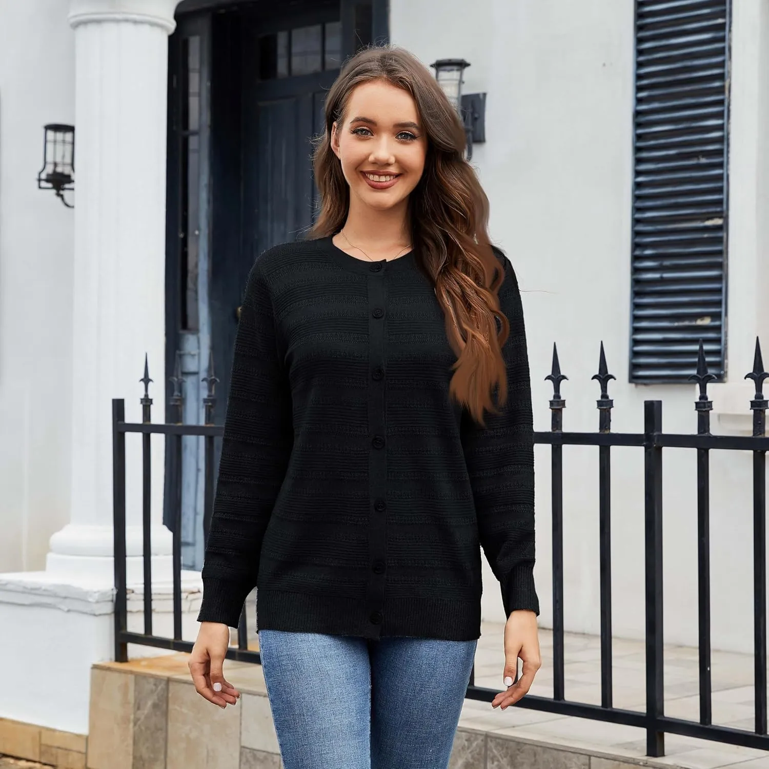 Women's Lightweight Crew Neck Button Down Long Sleeve Cardigan Knit Open Front Sweater
