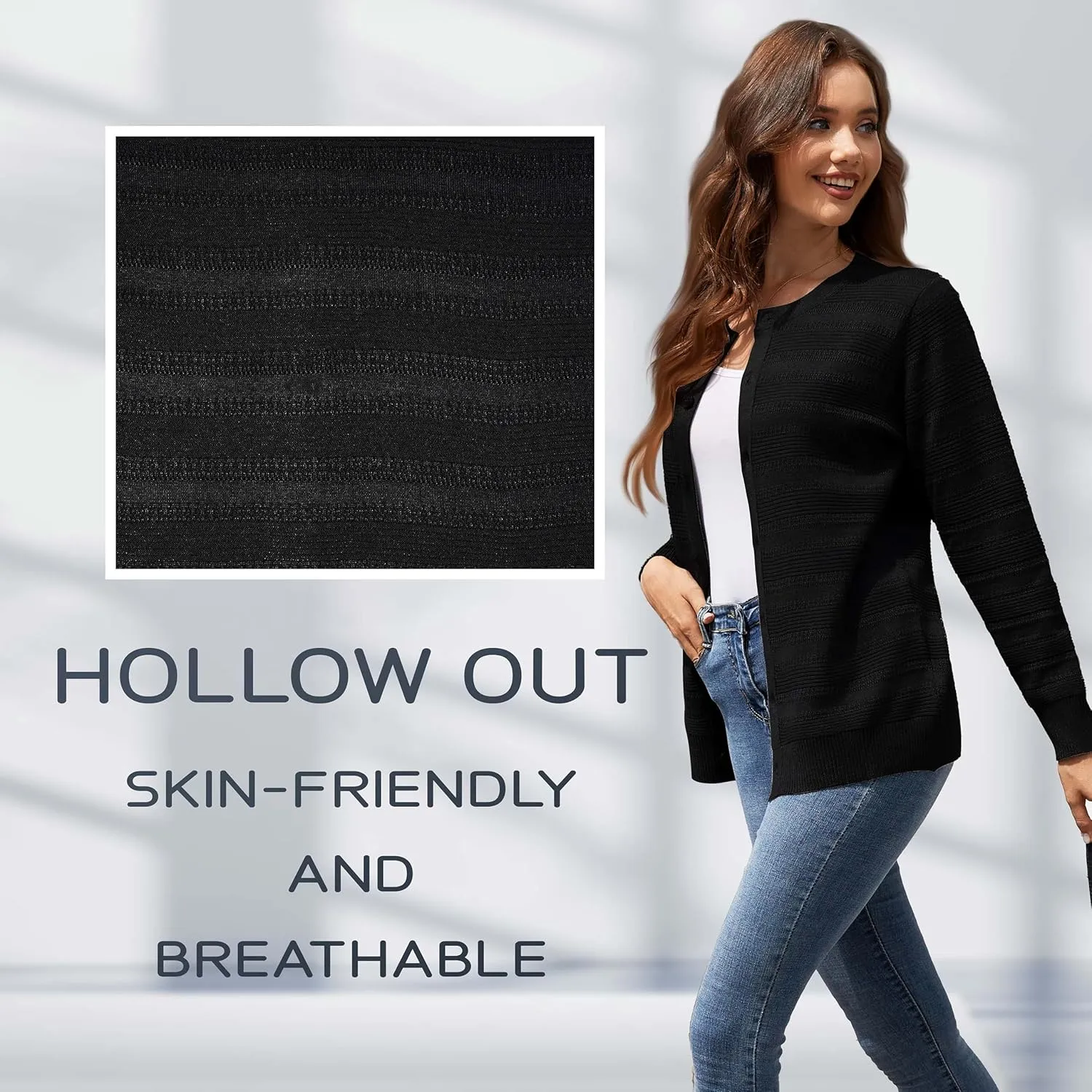 Women's Lightweight Crew Neck Button Down Long Sleeve Cardigan Knit Open Front Sweater