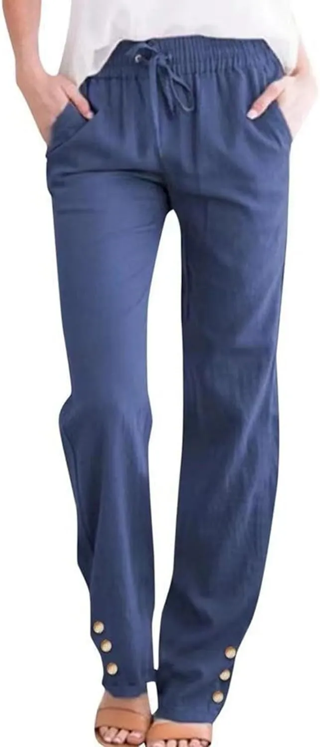Womens Linen Pants Summer Boho Lightweight High Waist Palazzo Pants Drawstring Straight Leg Lounge Trousers with Pockets