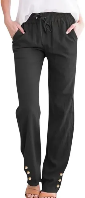 Womens Linen Pants Summer Boho Lightweight High Waist Palazzo Pants Drawstring Straight Leg Lounge Trousers with Pockets