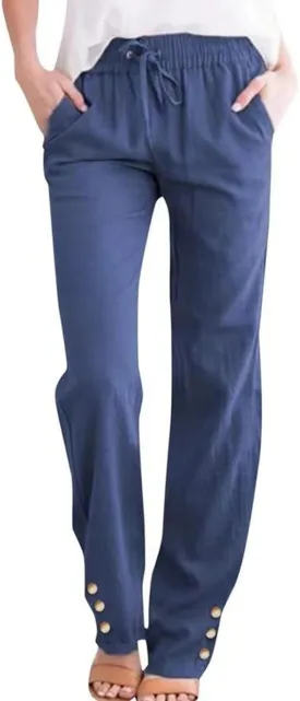 Womens Linen Pants Summer Boho Lightweight High Waist Palazzo Pants Drawstring Straight Leg Lounge Trousers with Pockets