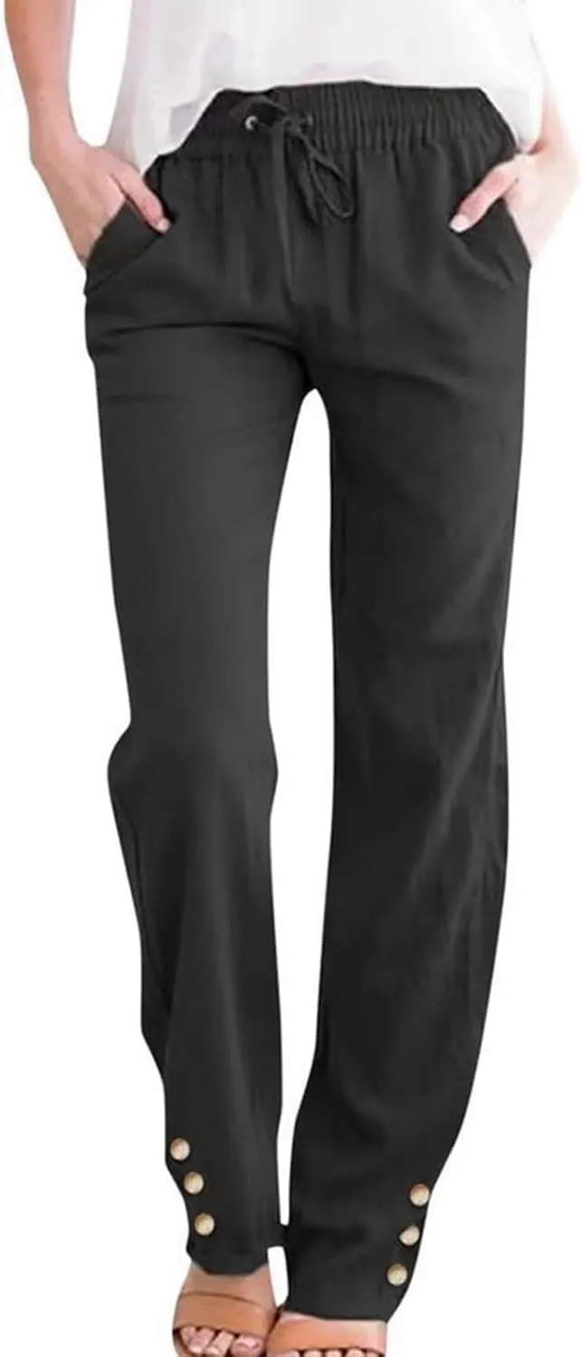Womens Linen Pants Summer Boho Lightweight High Waist Palazzo Pants Drawstring Straight Leg Lounge Trousers with Pockets