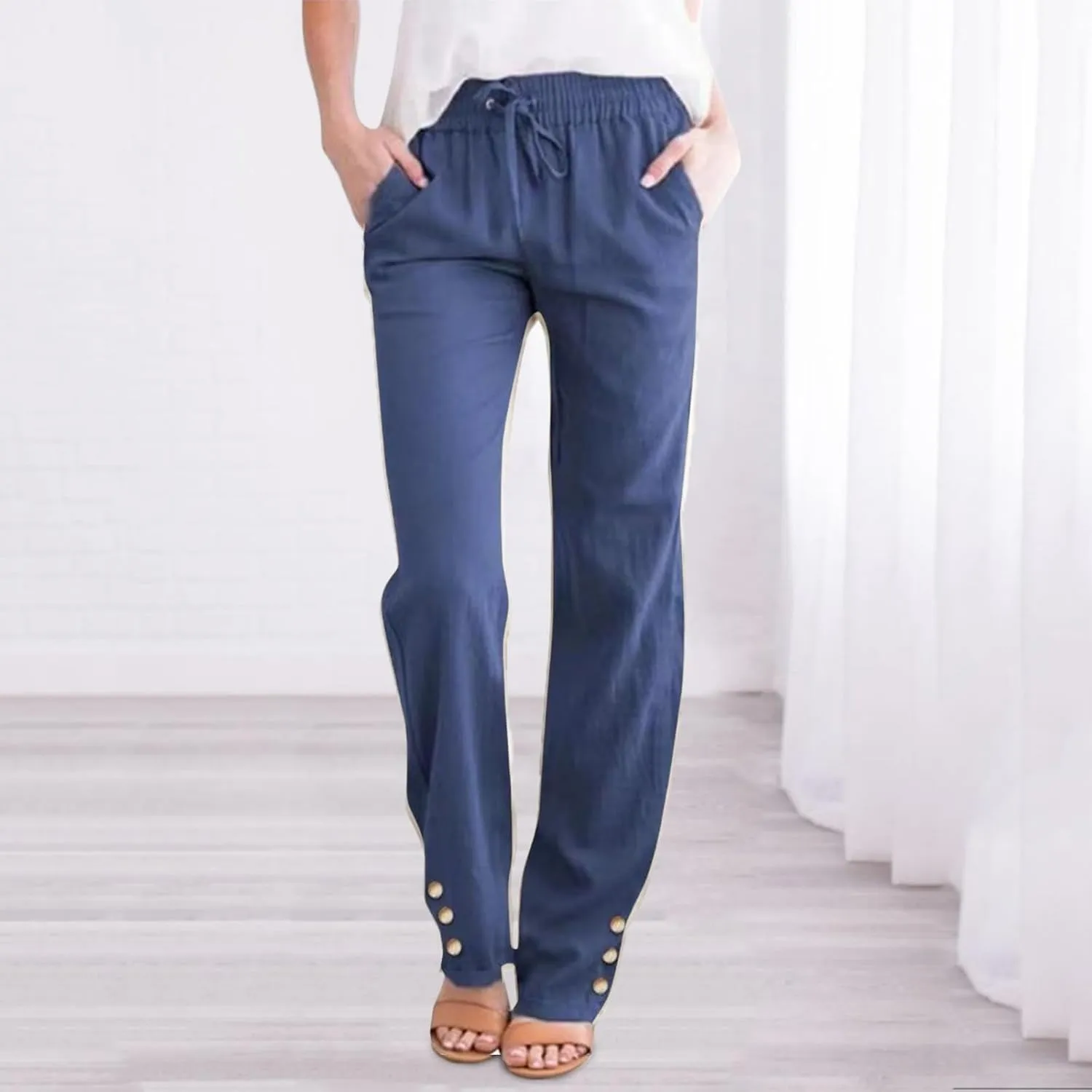 Womens Linen Pants Summer Boho Lightweight High Waist Palazzo Pants Drawstring Straight Leg Lounge Trousers with Pockets