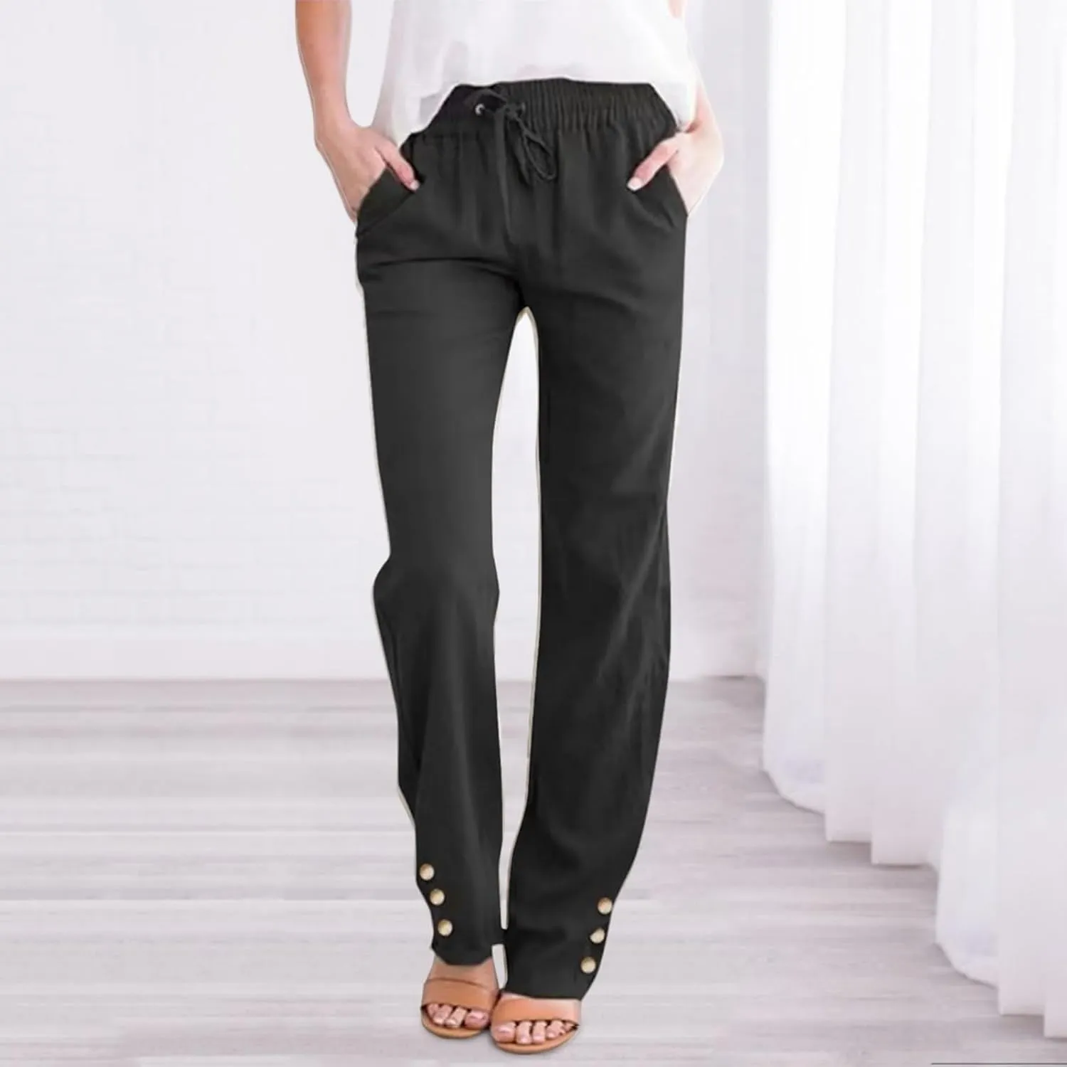 Womens Linen Pants Summer Boho Lightweight High Waist Palazzo Pants Drawstring Straight Leg Lounge Trousers with Pockets