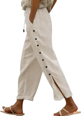 Womens Linen Work Pants 2025 High Waist Straight Leg Lounge Side-Button Pant Casual Lightweight Beach Trousers