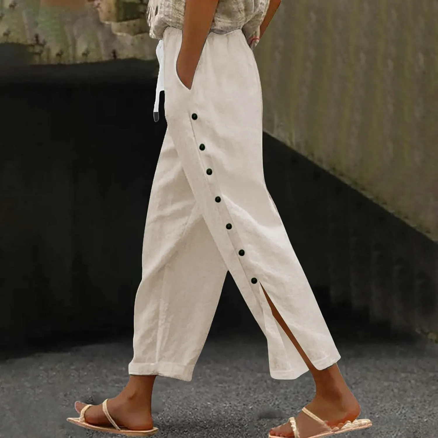 Womens Linen Work Pants 2025 High Waist Straight Leg Lounge Side-Button Pant Casual Lightweight Beach Trousers