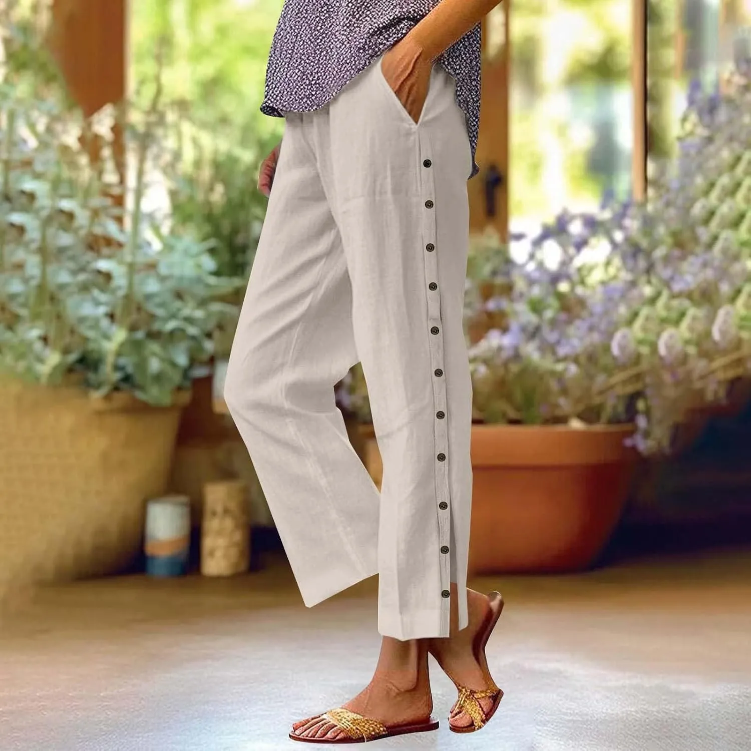 Womens Linen Work Pants 2025 High Waist Straight Leg Lounge Side-Button Pant Casual Lightweight Beach Trousers
