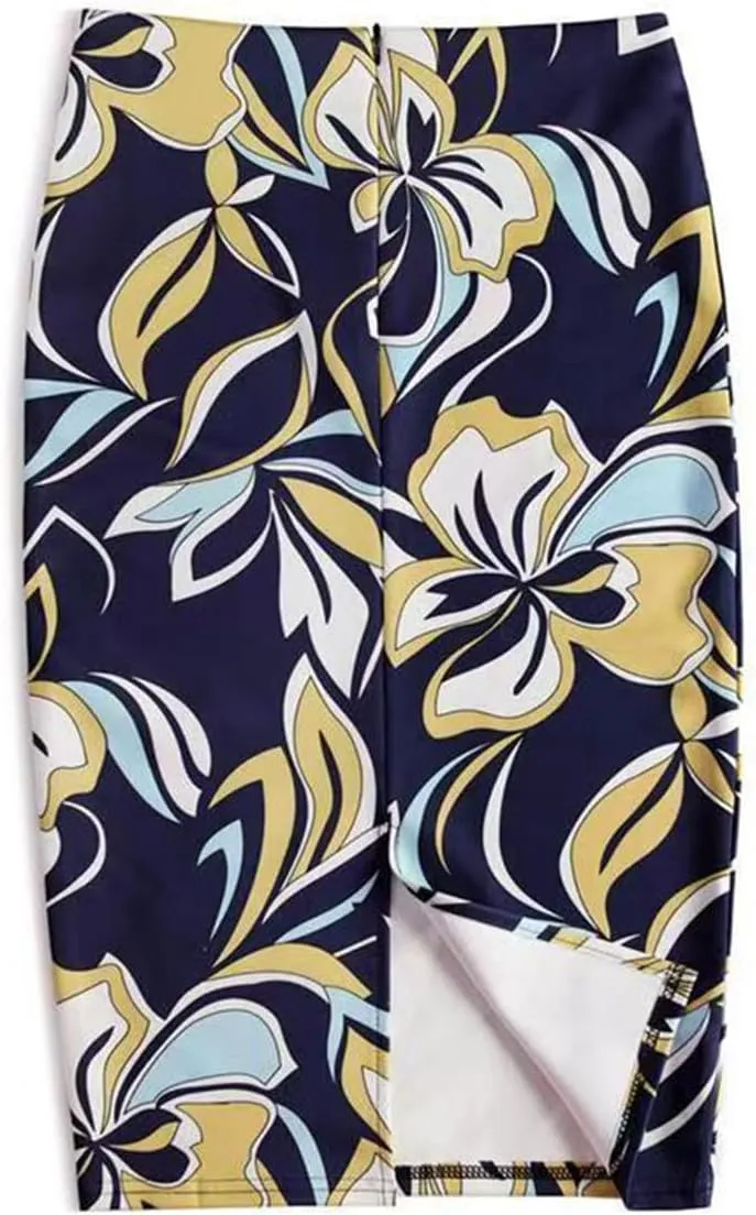 Womens Print Midi Pencil Skirt High Waisted Stretch Office Straight Spit Skirt