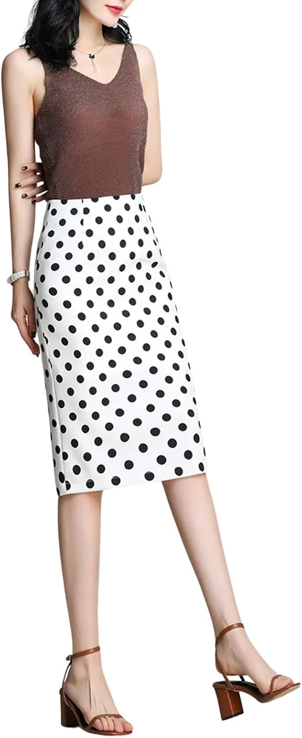 Womens Print Midi Pencil Skirt High Waisted Stretch Office Straight Spit Skirt