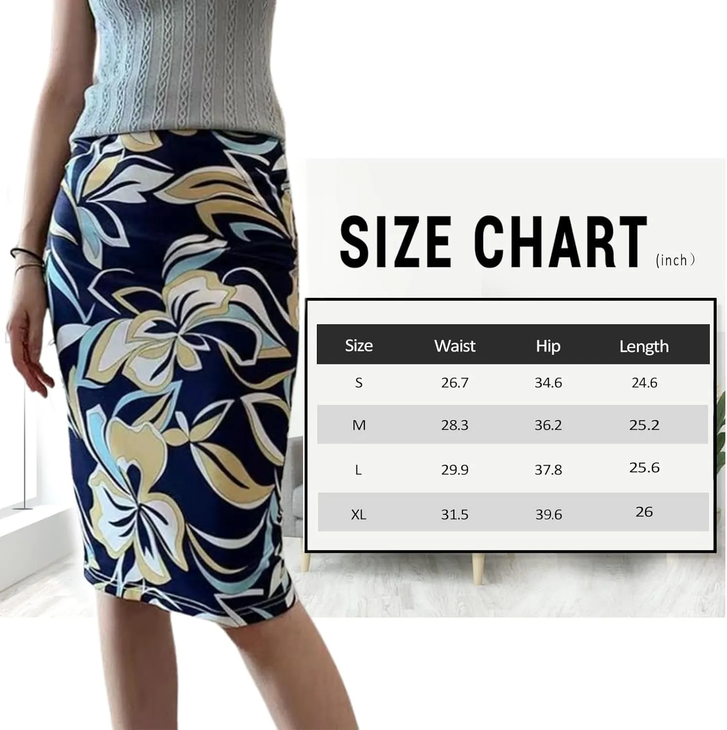 Womens Print Midi Pencil Skirt High Waisted Stretch Office Straight Spit Skirt