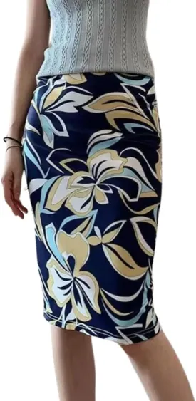 Womens Print Midi Pencil Skirt High Waisted Stretch Office Straight Spit Skirt