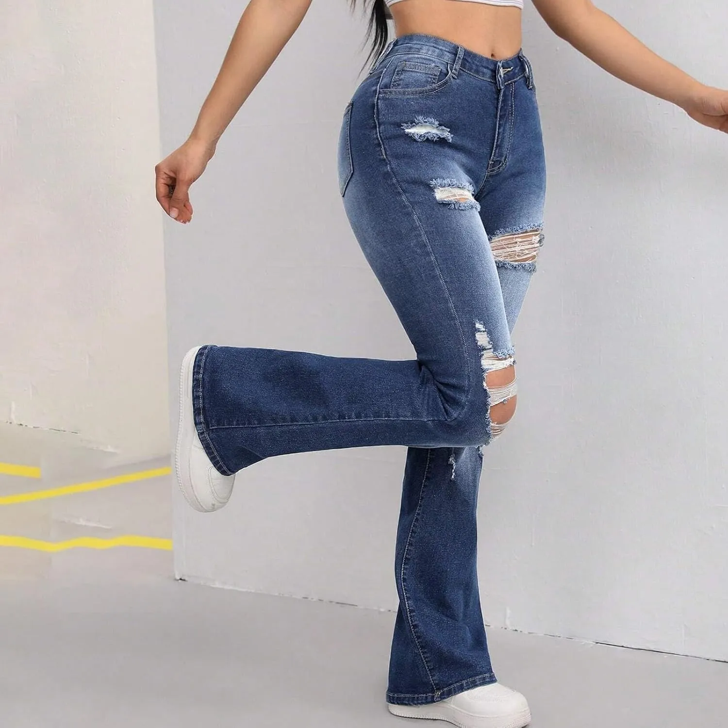 Womens Ripped Jeans High Waisted Distressed Baggy Straight Wide Leg Pants Lounge Denim Pants with Pockets