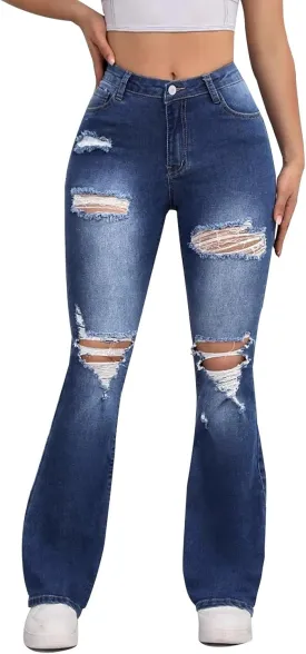 Womens Ripped Jeans High Waisted Distressed Baggy Straight Wide Leg Pants Lounge Denim Pants with Pockets