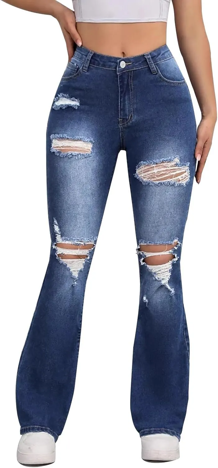 Womens Ripped Jeans High Waisted Distressed Baggy Straight Wide Leg Pants Lounge Denim Pants with Pockets
