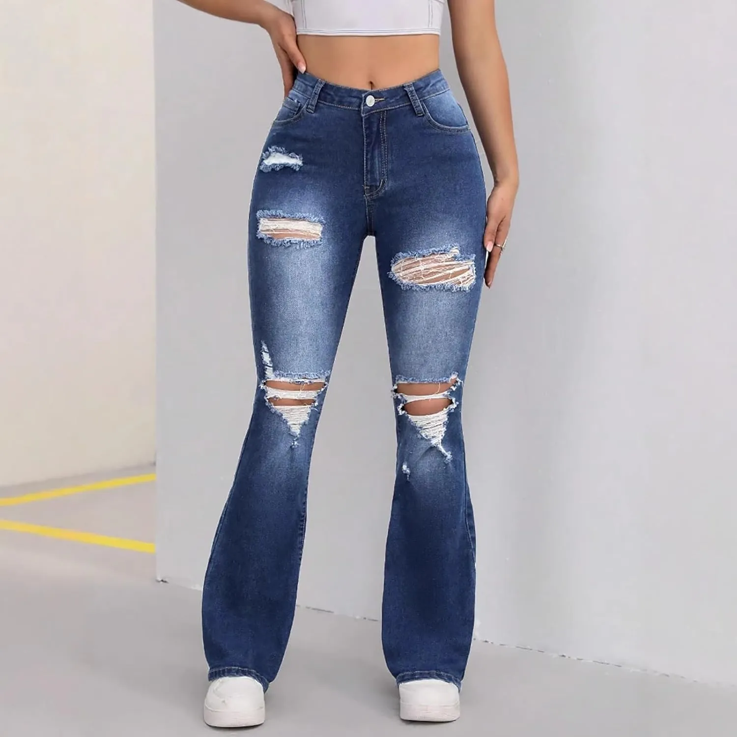 Womens Ripped Jeans High Waisted Distressed Baggy Straight Wide Leg Pants Lounge Denim Pants with Pockets