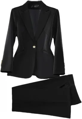 Women's Single Button Pant Suit 2 Piece Set Business Formal Blazer Jacket and Trouser Set Outfit Black