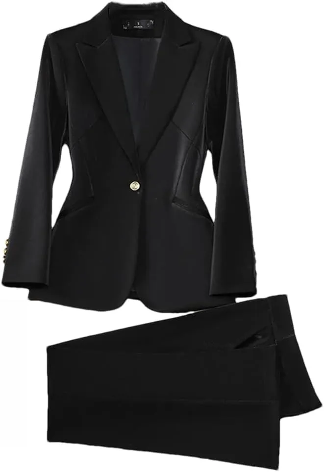 Women's Single Button Pant Suit 2 Piece Set Business Formal Blazer Jacket and Trouser Set Outfit Black