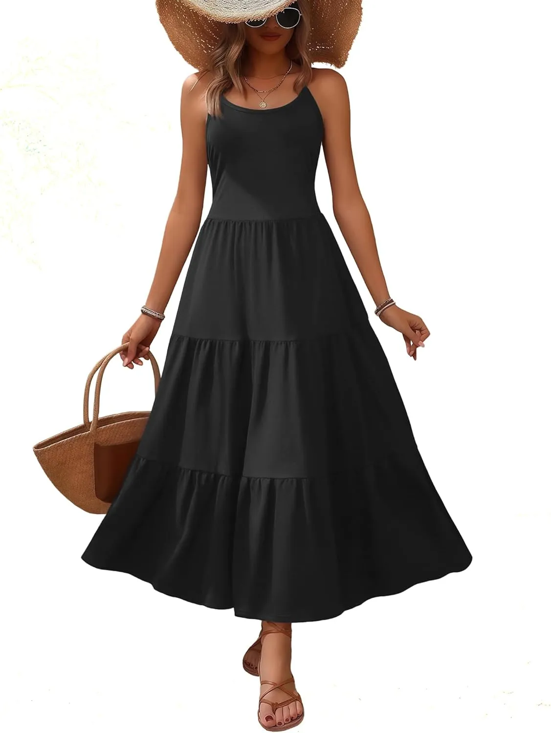 Zeagoo Womens Summer Long Dress Adjustable Spaghetti Strap Floral Casual Dress with Pockets Flowy Tiered Beach Sundress