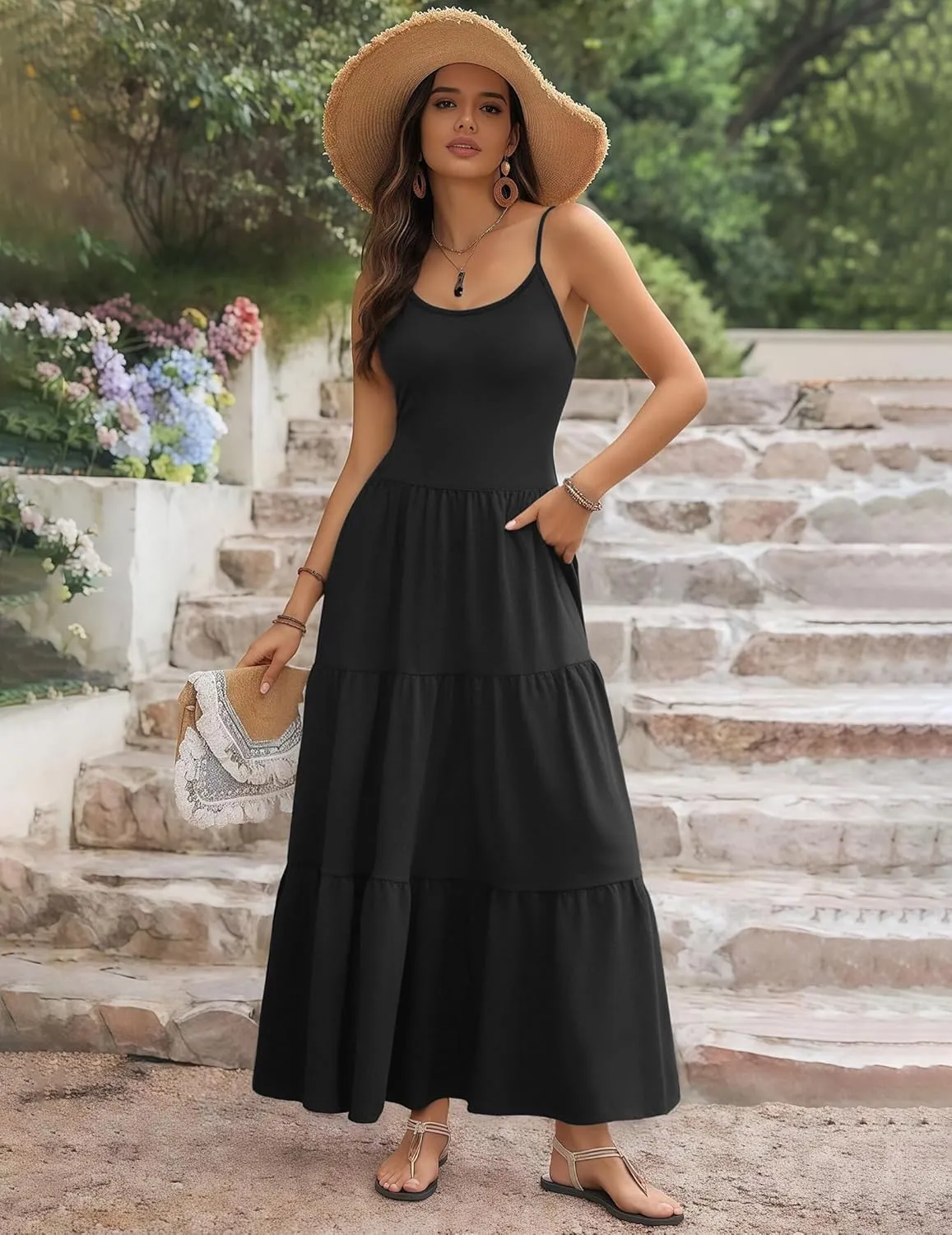 Zeagoo Womens Summer Long Dress Adjustable Spaghetti Strap Floral Casual Dress with Pockets Flowy Tiered Beach Sundress